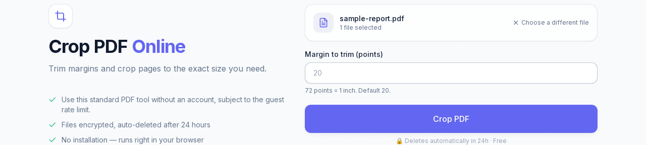 NexaPDF AI's Crop PDF tool with a file selected and the margin-to-trim field set to its default value