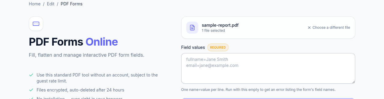 NexaPDF AI's PDF Forms tool with a PDF selected and the field values box showing a name=value example