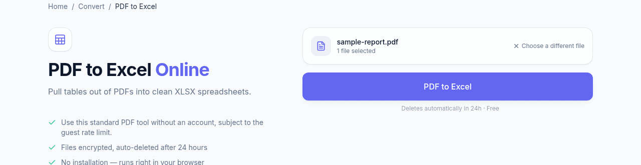 NexaPDF AI's PDF to Excel tool with a PDF selected and ready to convert