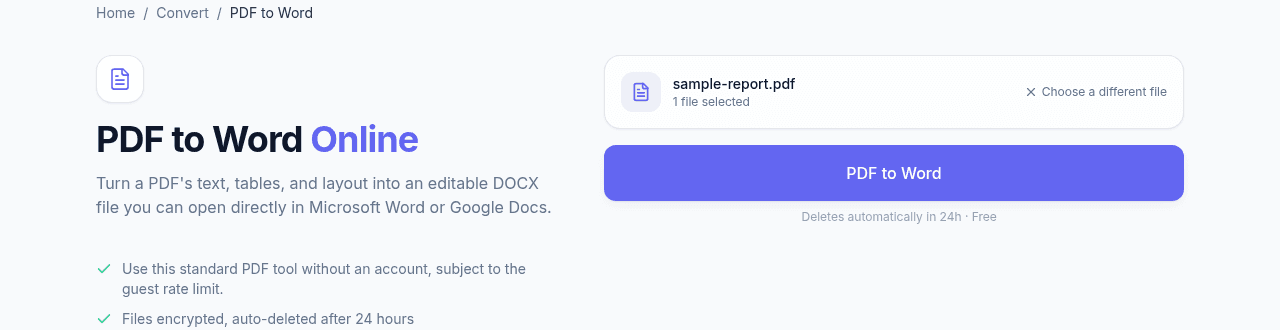 NexaPDF AI's PDF to Word tool with sample-report.pdf selected and ready to convert
