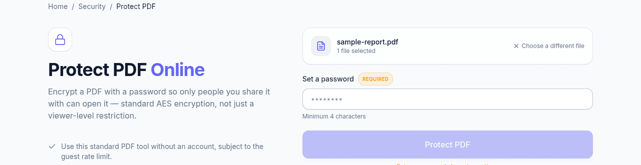 NexaPDF AI's Protect PDF tool with a PDF selected and a password field ready to encrypt it