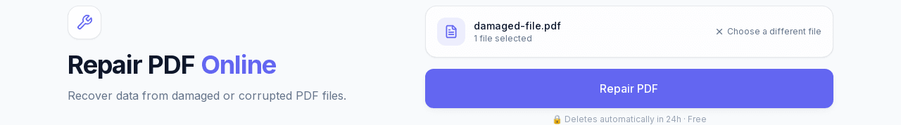 NexaPDF AI's Repair PDF tool with a damaged file selected and ready to process