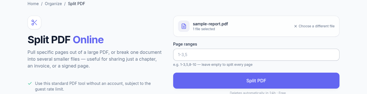 NexaPDF AI's Split PDF tool with a page range field and a PDF ready to split