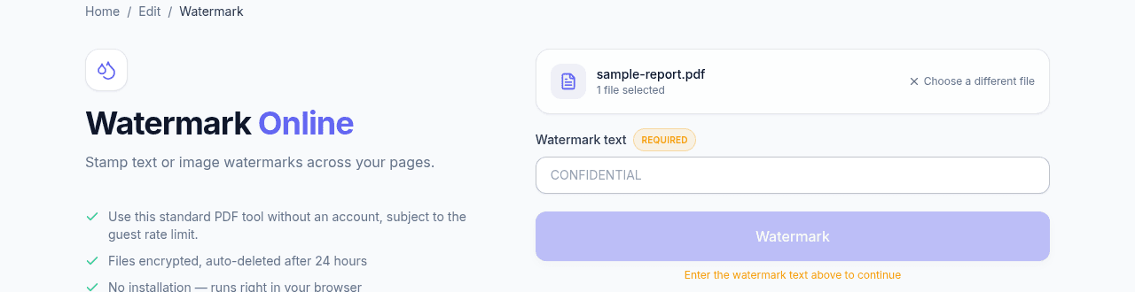 NexaPDF AI's Watermark tool with a PDF selected and the watermark text field showing a CONFIDENTIAL placeholder